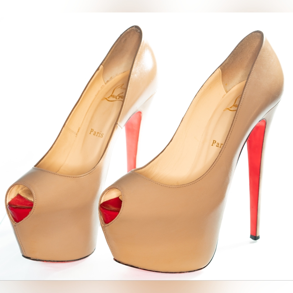 Christian Louboutin Women's Tan and Red Peep Toe Pumps